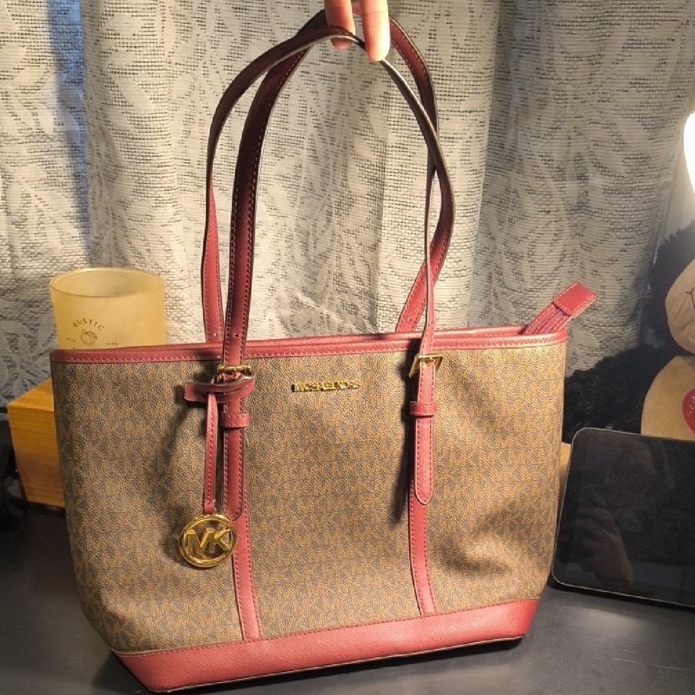 Michael Kors Burgundy and Brown Tote Bag